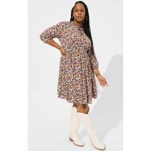 TORRID Maroon + Gold Floral Print Mini Stretch Challis Front Keyhole Dress 1X